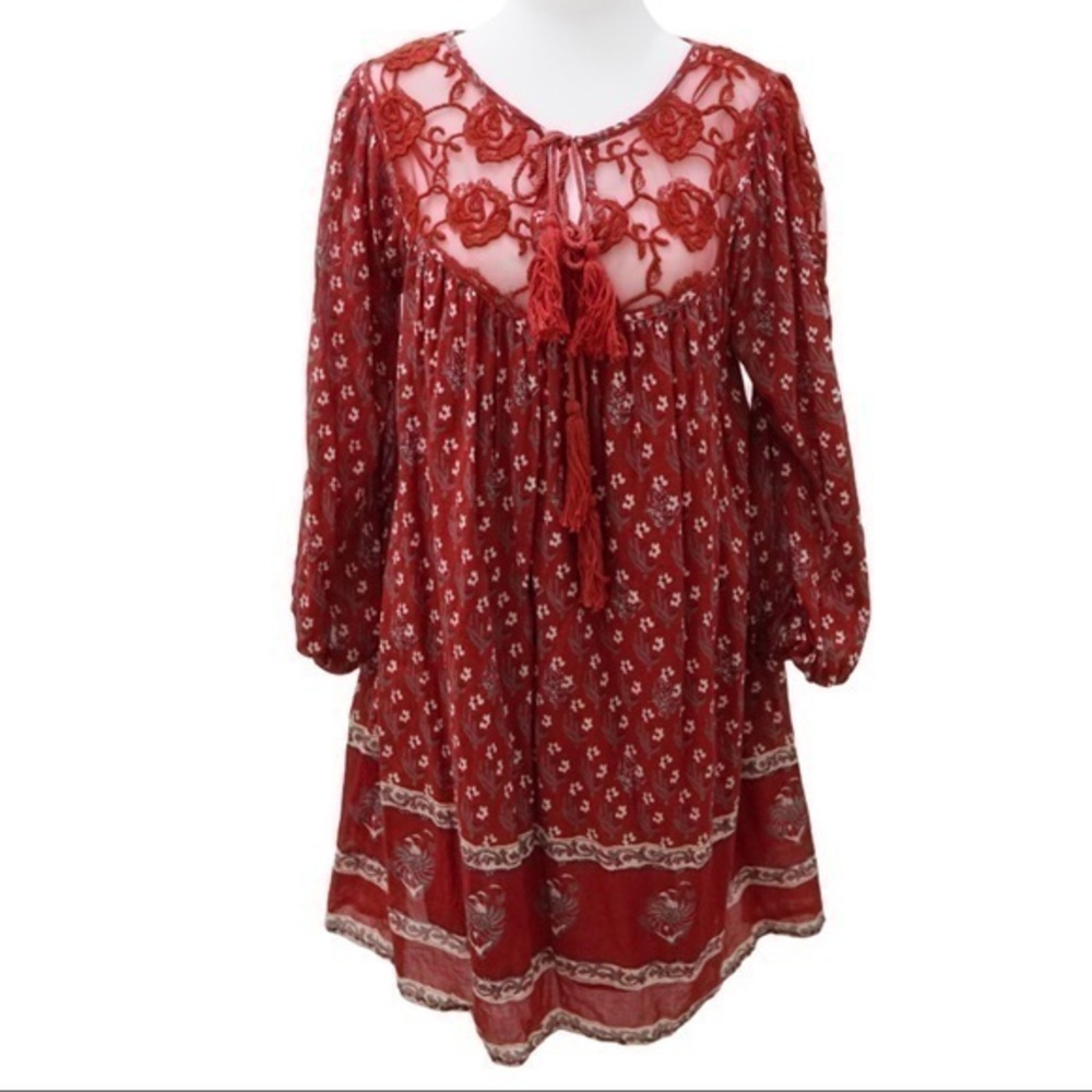 Free people red tunic floral dress size XS